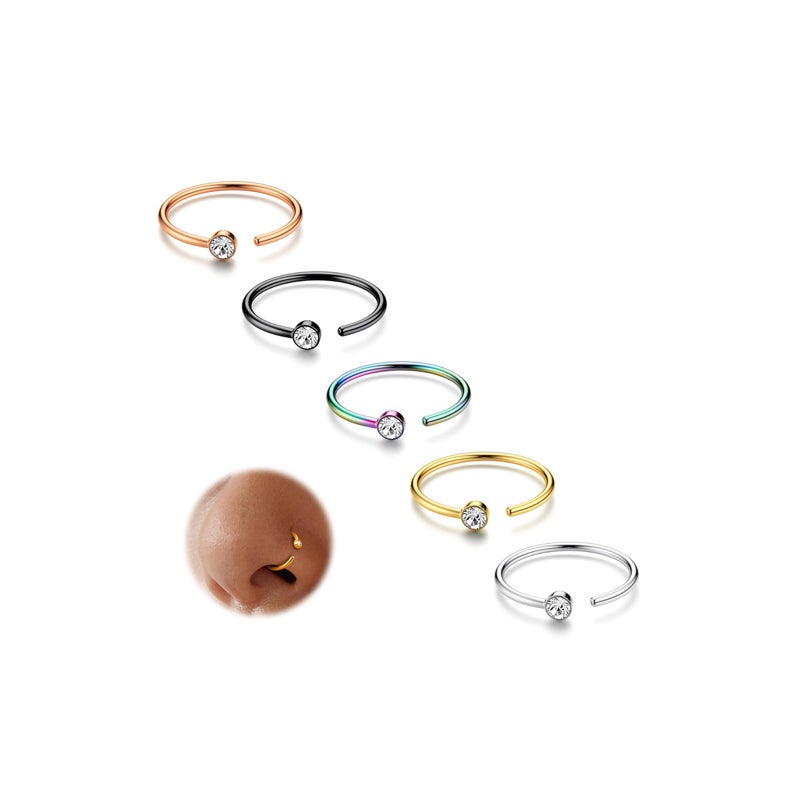 ORAZIO 5-12Pcs 20G Stainless Steel Nose Ring Hoop CZ Body Ear Piercing 5 Mixed Colors - Image 1